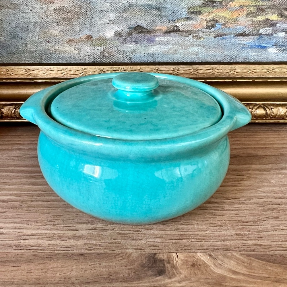 Aqua Blue Covered Soup Crock
